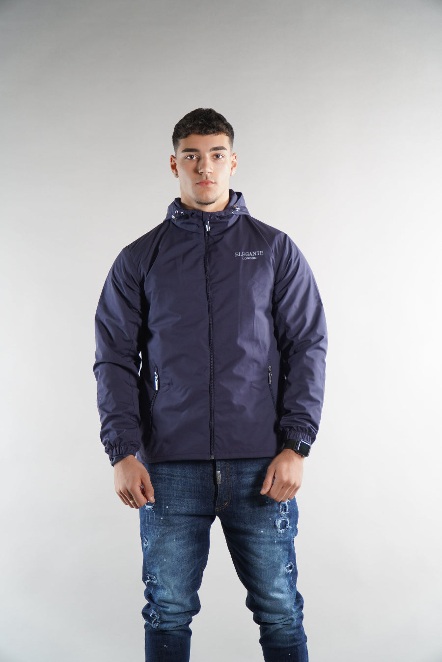 Men's Elegante Navy Tracksuit Jacket, a waterproof jacket, stylish sportswear, designer streetwear, windbreaker for men