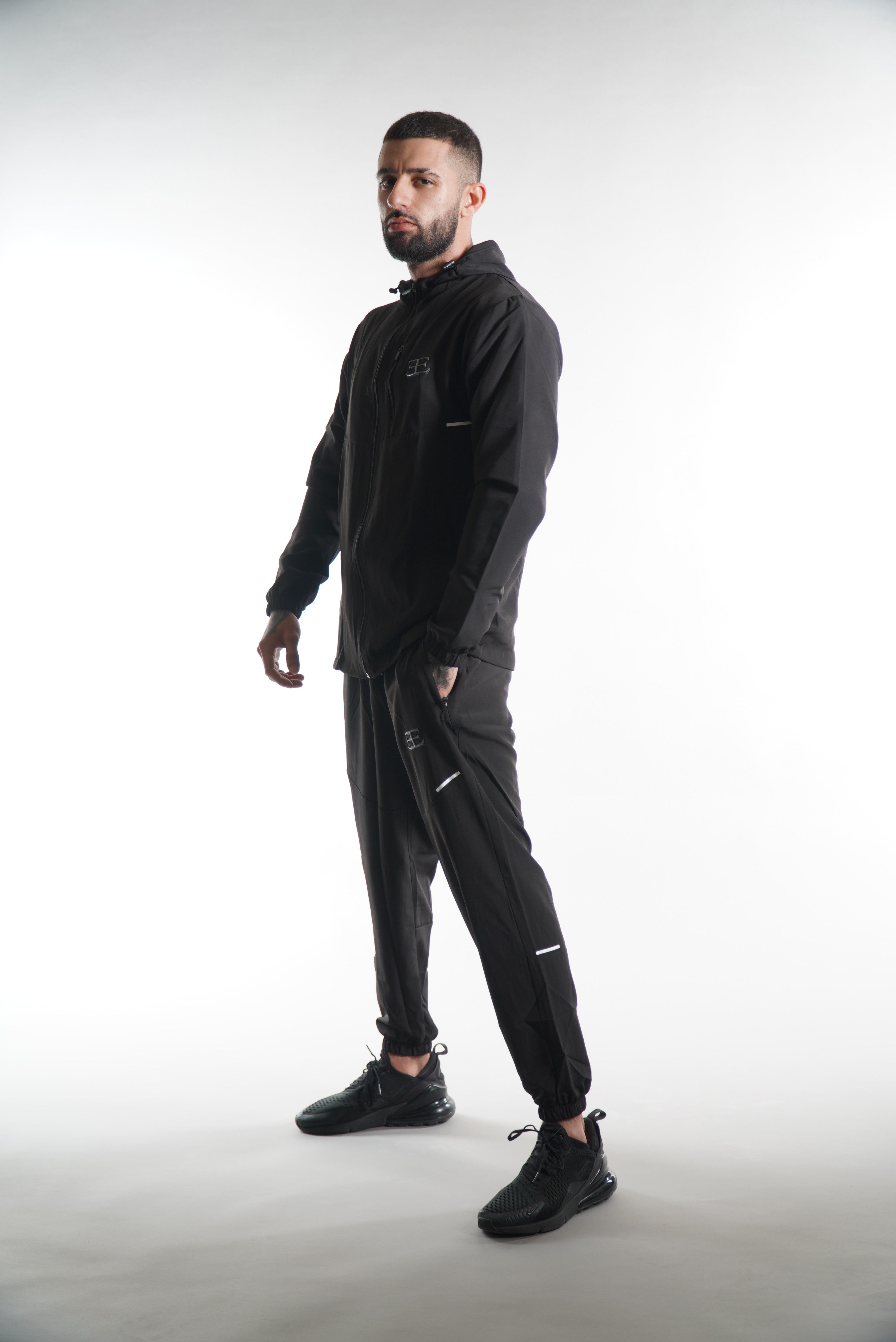 Elegante's Black Hooded Tracksuit Jacket, activewear for men, sportswear clothing