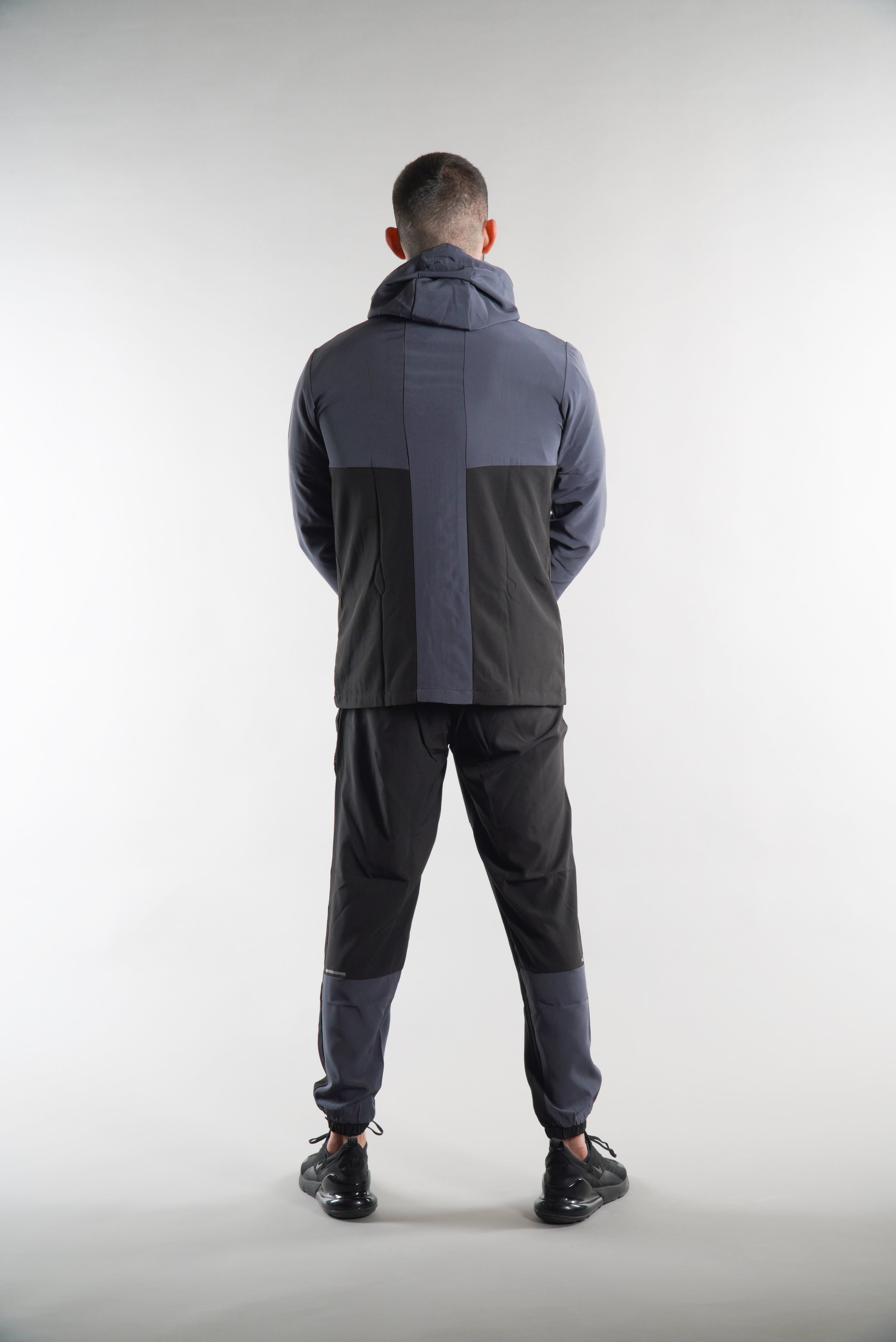 Elegante's Black Grey Hooded Tracksuit Jacket for men, sportswear, activewear for men
