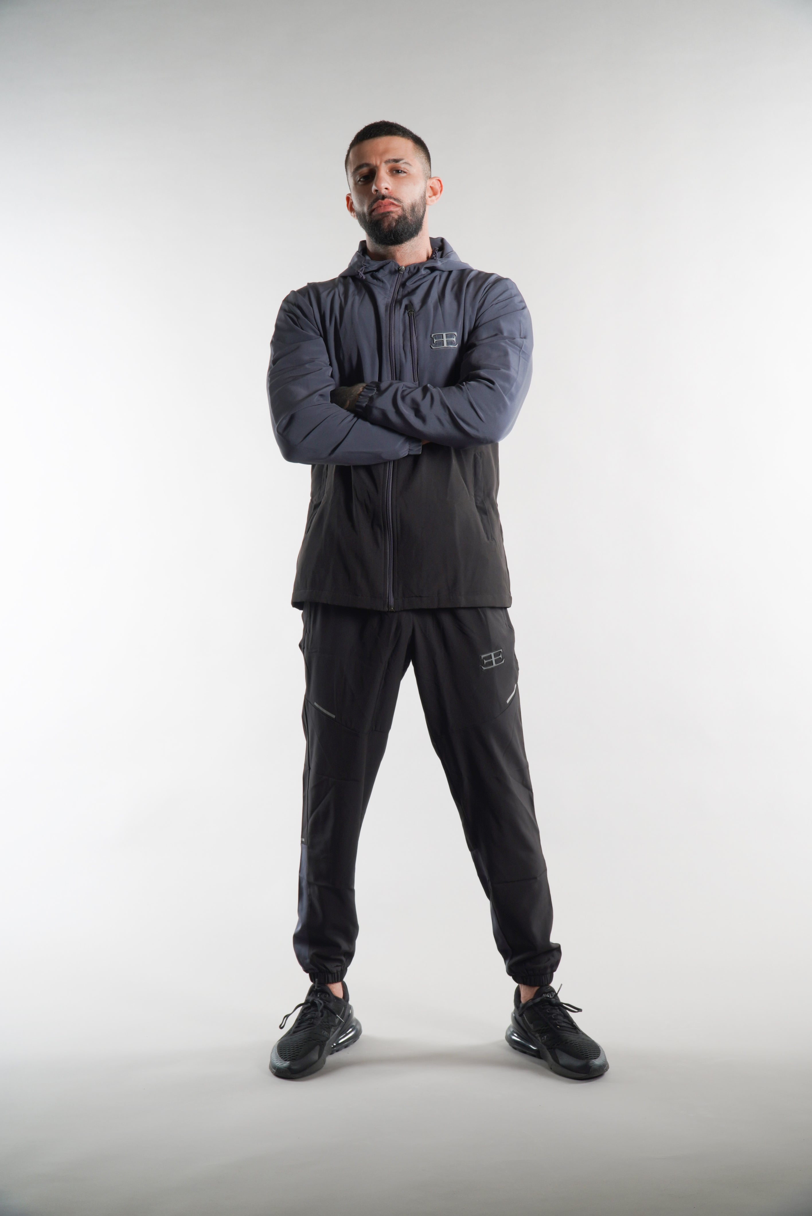 Elegante's Black Grey Hooded Tracksuit Jacket for men, sportswear, activewear for men
