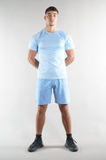 man wearing Elegante blue Gym Shorts and tshirt set, activewear for men