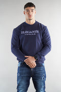 man wearing navy elegante logo jumper sweatshirt  on white background