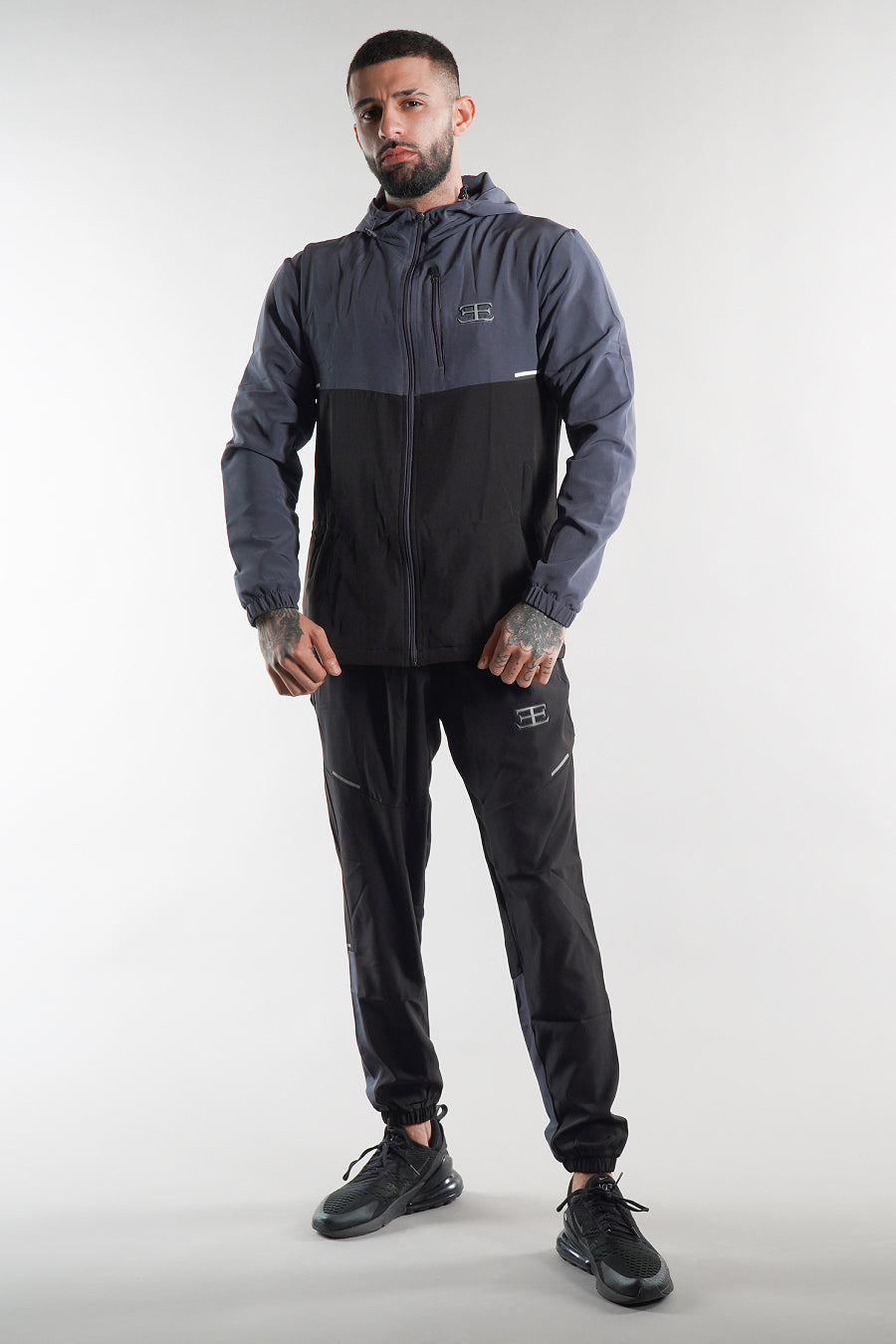 Men's Elegante Black and Grey Joggers Black steel grey jacket tracksuit set, sportswear for men on white background